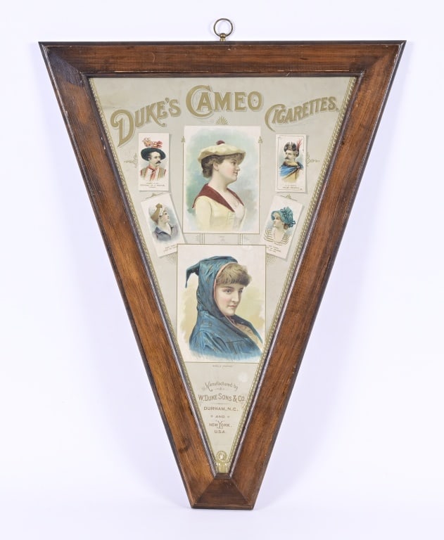 Duke's Cameo Cigarettes Litho Advertisement: W. Duke & Sons triangular wood-framed litho advertisement, 17.5" x 22.5"