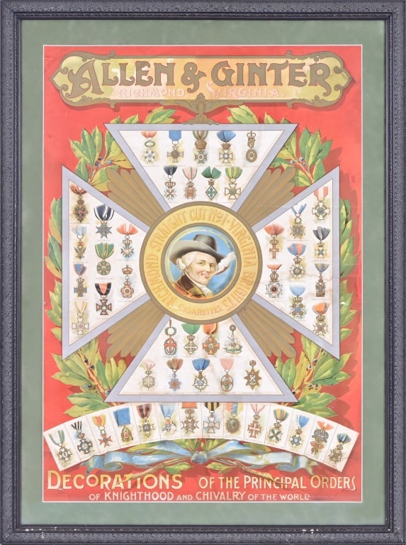 Allen & Ginter Cigarettes Framed Litho Ad: Decoration of the Principal Orders of Knighthood and Chivalry of the World. Framed and matted, 26x35.