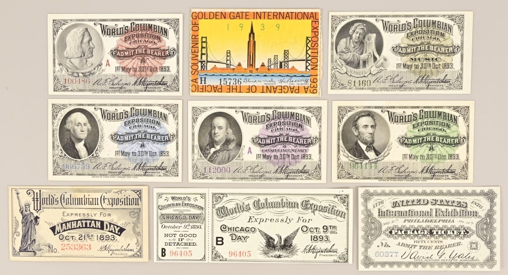 Collection of 1880's World's Fair Tickets: Philadelphia International Exposition 1876 Souvenir ticket, (7) World's Columbian Exposition 1893 souvenir tickets, Golden Gate International Exposition 1939 souvenir ticket.