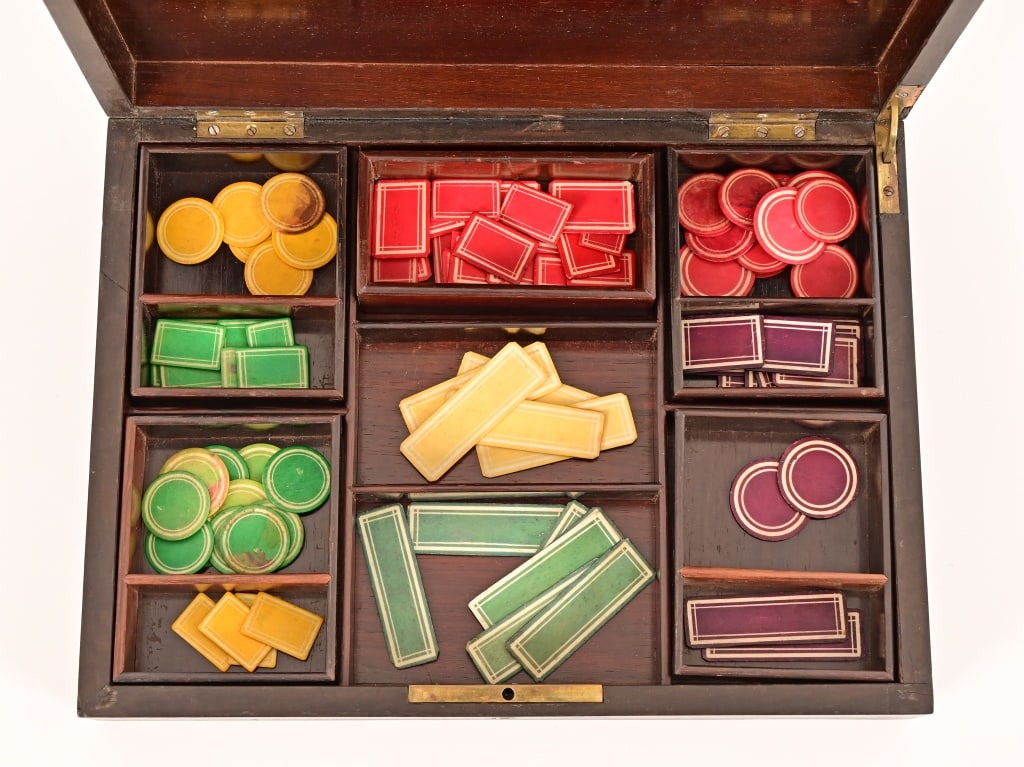 Antique Gambler / Poker Chip Lock Box: Contains eleven removable compartments with antique bone poker chips. Some of the inlay wire is coming up. No key, Case measures 2.25" x 8.75" x 12"