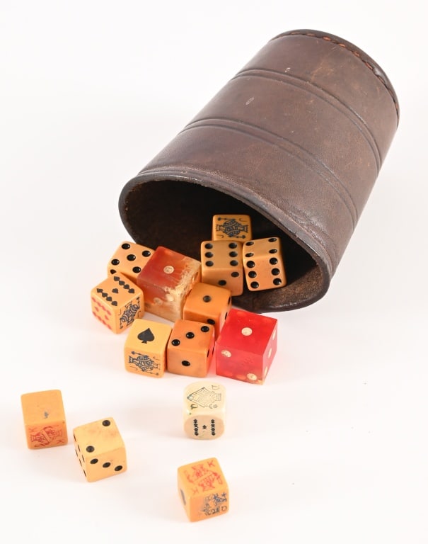 Antique Leather Dice Cup with Dice: Comes with 14 assorted dice. Cup measures 3 3/4" tall. Red dice are 3/4" square dice.