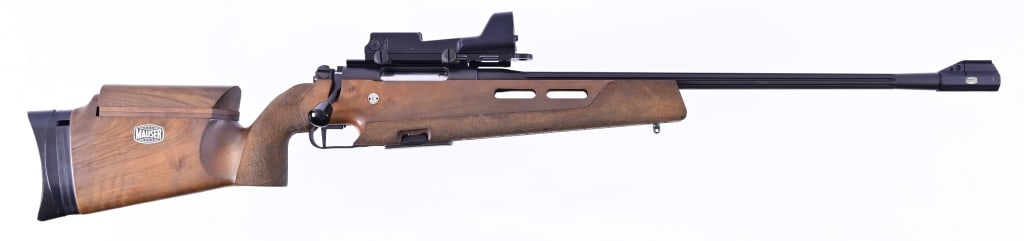 Mauser Model 83 Match Competition Rifle .308 Win.: SN 01334. Competition rifle. 25.5" barrel, good bore. Bolt is disassembled. Adjustable stock. Falcon dot sight mounted, needs battery. Modern.