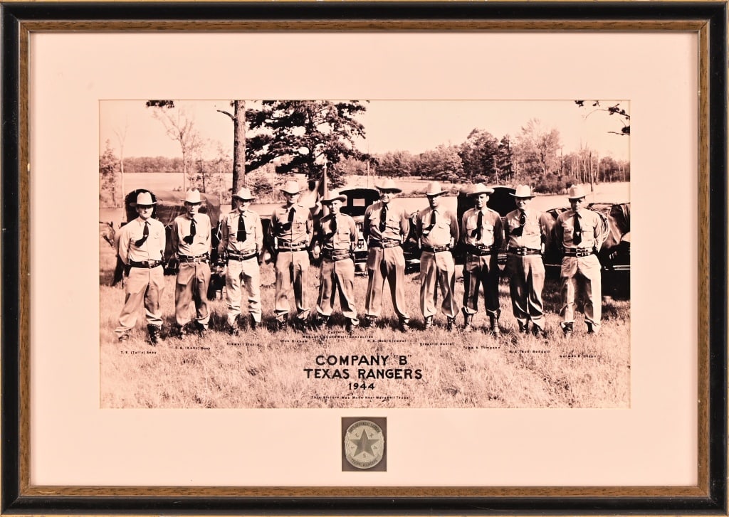 Texas Ranger Capt. M.T. Gonzaullas Badge and Photo: Originating from the personal collection of famous Texas Ranger Captain M.T."Lone Wolf" Gonzaullas. Framed 19" x 23"