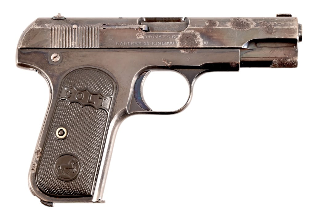 Colt M1903 Pocket Hammerless .32 ACP: S/N 111713. Made in 1911. Blued finish with some extensive loss on slide and frame. Good action and fair bore. Modern