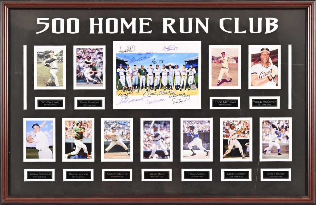 500 Home Run Club Signed Photo Mickey Mantle: Signed by Ted Williams, Frank Robinson, Eddie Mathews, Willie McCovey, Harmon Killebrew, Reggie Jackson, Mickey Mantle, Willie Mays, Hank Aaron, Mike Schmidt, and Ernie Banks. Artwork by Ron Lewis, 37