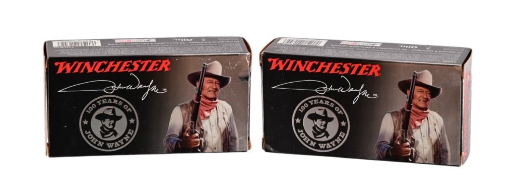 John Wayne Commemorative Winchester Ammo (2): .45 Colt caliber. Boxes are in good shape with only minor scuffs, nice graphics. Marked 100 yrs. of John Wayne. Full boxes, 100 rounds total.