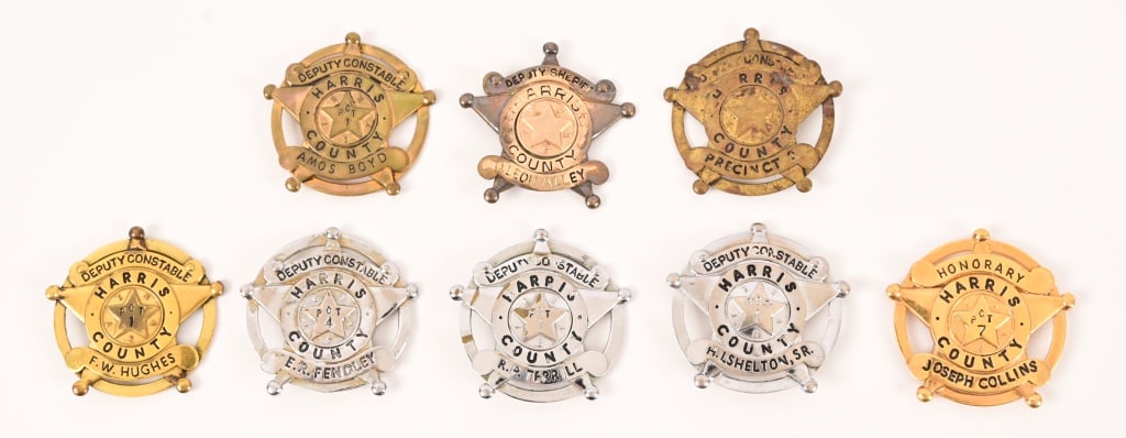 Collection of (8) Harris County Texas Badges: (Six) Harris County Deputy Constable badges; (One) Harris County Deputy Sheriff Badge; (One) Harris County Honorary Badge