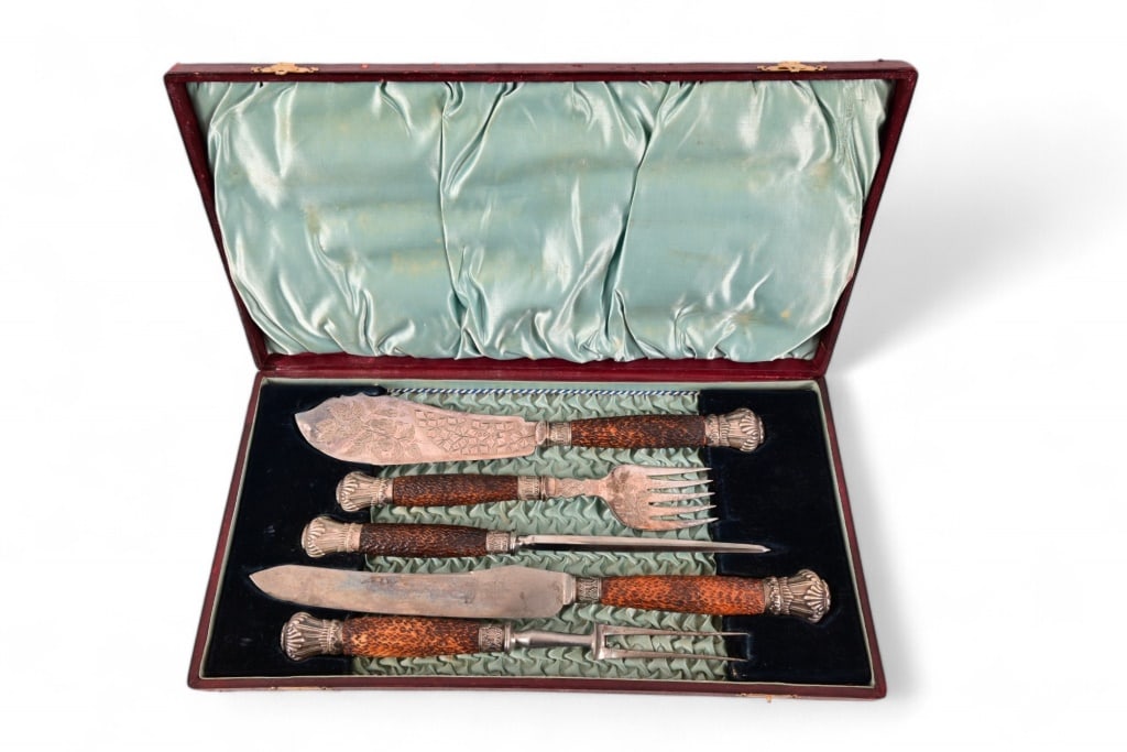 Antique Sheffield-Superior Cased Cutlery: Five piece carving and serving set with stag handles. Case measures 17" x 9" x 1 1/2".