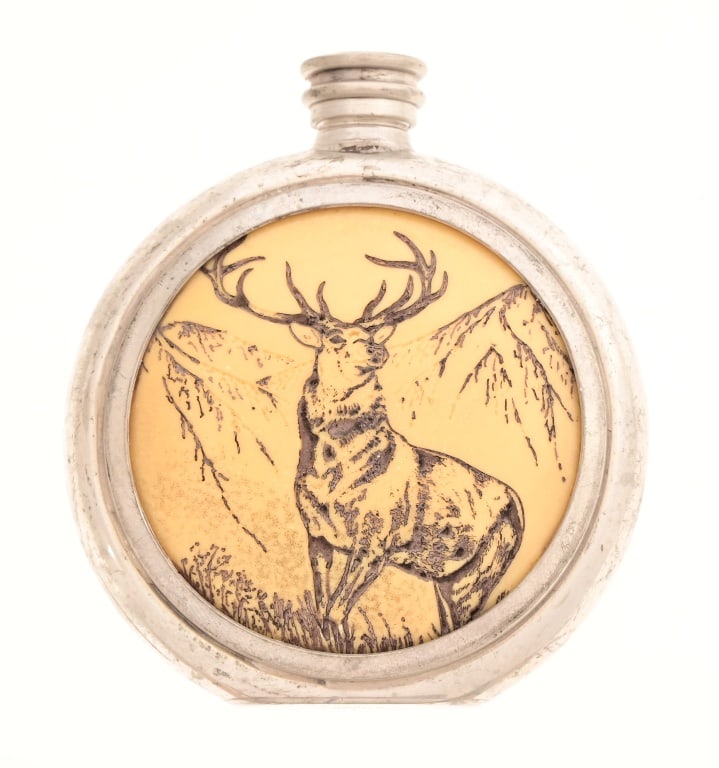 Elk Scrimshaw Antique British Made Whiskey Flask: British made, 1.25" x 4"