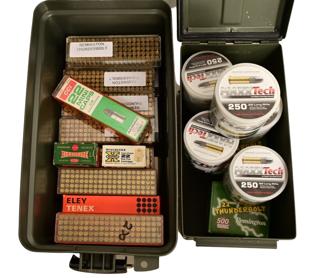 Factory .22 Cal Ammunition, Over 6,000 Rounds!: Approximately 6400 rounds total; Approx. 2000 Rounds Thunderbolt 22 LR 40 GR RN. Approx. 1250 Rounds MAXXTech 22 LR 40 GR RN. Approx. 1000 Rounds Winchester Super X 22 LR 40 GR RN. Approx. 1000 Rounds