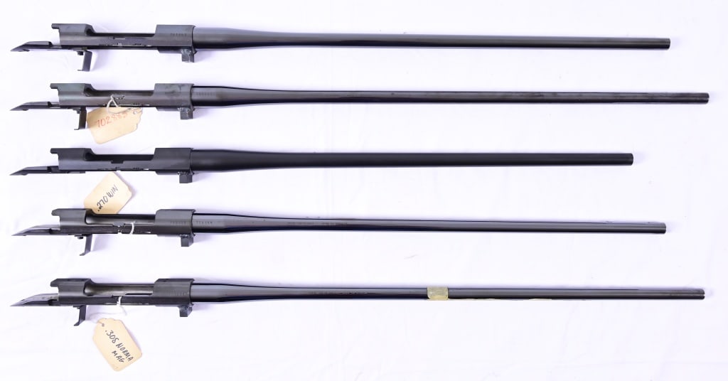 (5) Kleinguenther/KDF Model K14 Barreled Receivers: SN 46 chambered in .308 with and 22" barrel. S/N 756359, chambered .270 Win with 23.5" barrel; S/N 767363, .308 Norma Mag (front tang stripped). S/N 761861, chambered .270 Win with 24" barrel; S/N 702