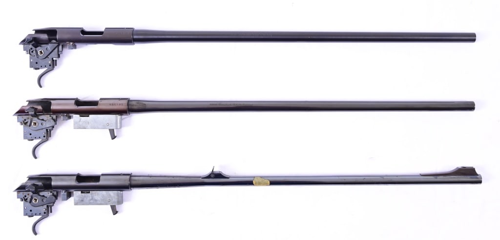 (3) Kleinguenther/Voere K-22 Barreled Actions: S/N 897315, 21" barreled receiver with trigger group; One with NO Serial, 21" barrel; S/N 905105, 21.5" barrel. Receivers are recognized as firearms and will require proper processing. Modern.