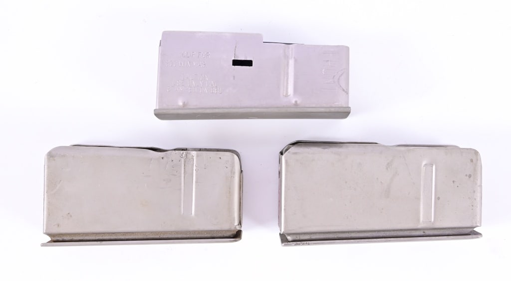 (3) Kleinguenther K15 OEM 3-Round Magazines: Mauser Factory 3 Round OEM Magazine Calibers unknown. Kleinguenther K-15/K-16, Voere Titan II, Mauser 99