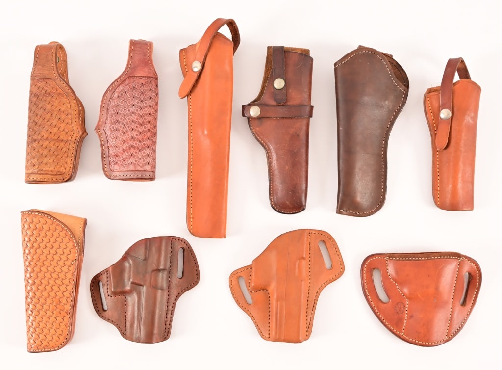 Collection of (10) Leather Pistol Holsters: Includes: El Paso Saddlery 021 RH - OWB, Bar-M for revolver LH, Bar-M for Glock 20/21 OWB, Hunter 1100 RH for semi-auto OWB, Unmarked RH large auto OWB, 2 - Dalrymples OWB large auto 1-RH, 1-LH, 2 - E