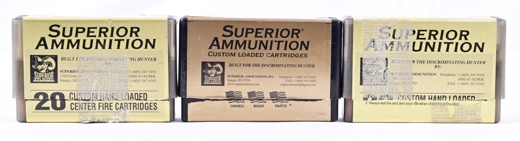 Superior Ammunition 416 Rem Mag Ammo (49 Rounds): (19 rounds) 400 Grain Trophy Bonded; (12 Rounds) 410 Grain Woodleigh FMJ; (18 Rounds) 400 Grain Trophy Bonded.