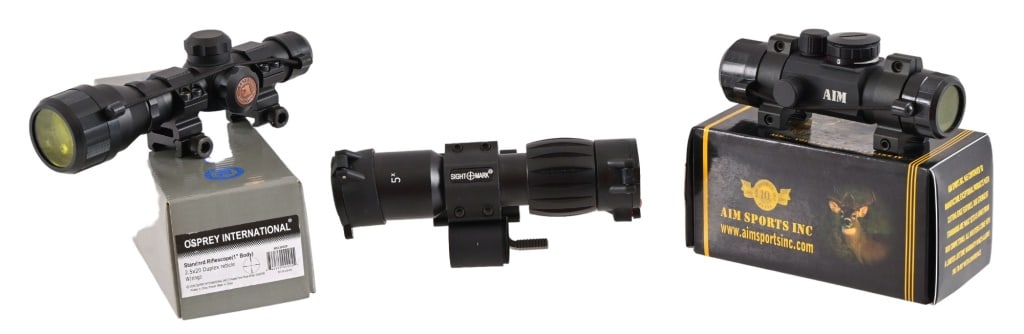 Collection of (3) Rifle Optics: Osprey Standard 2.5x20 Duplex Rifle Scope in box. Aim red/green dot sight in box. Sight Mark 5X Magnifier w/mount.