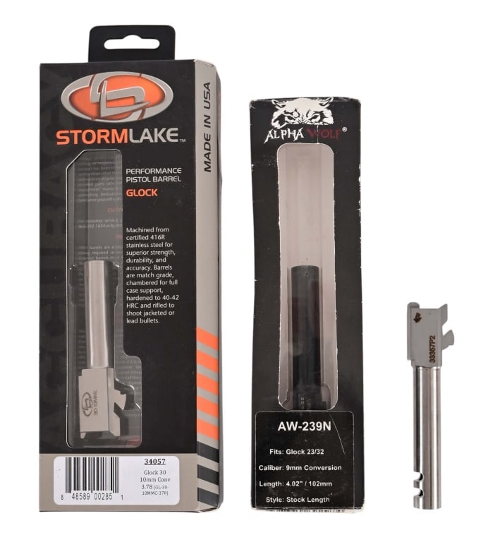 (3) Glock Custom Replacement Barrels: All NOS; Storm Lake Glock 30 10mm Conversion 4" barrel; Alpha Wolf Glock 23/32 9mm Conversion 4" barrel; Lone Wolf Glock 33 Extended 4.5" 2-port barrel.