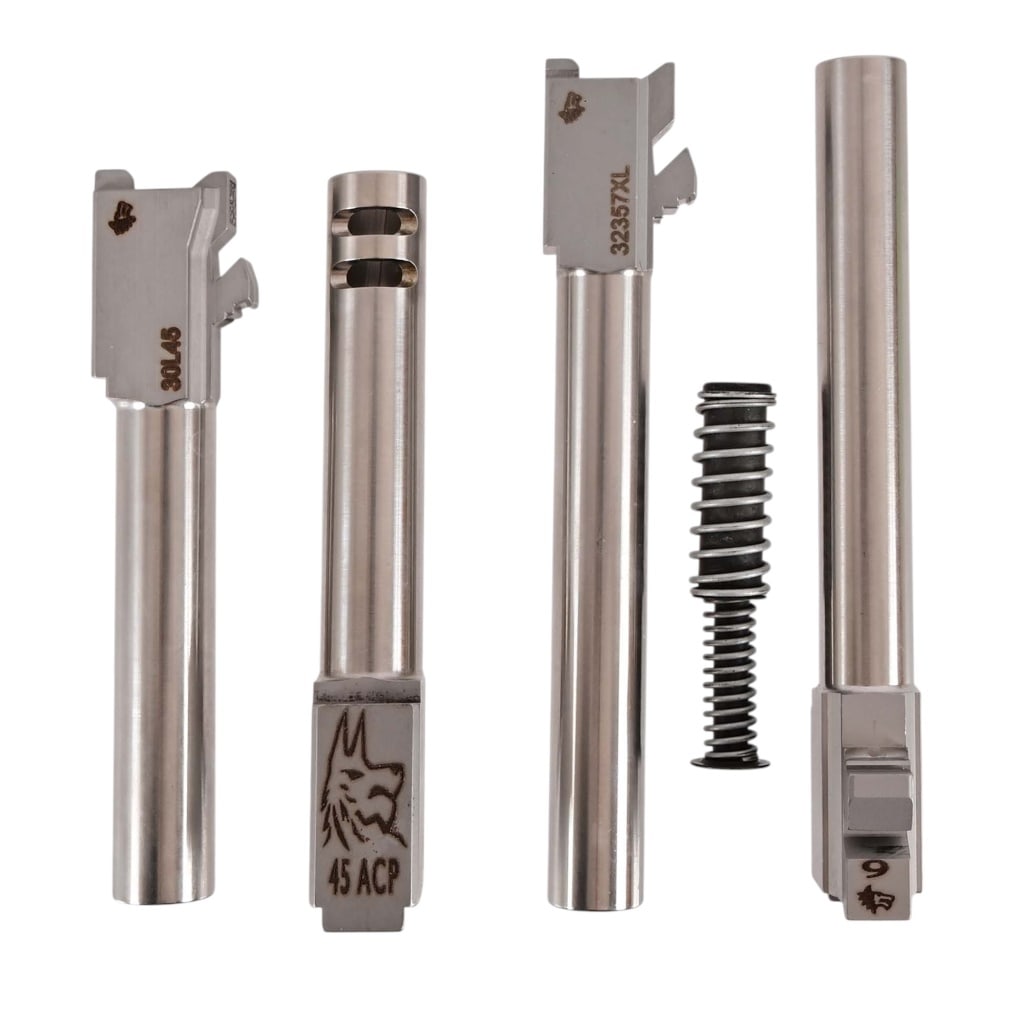 (4) Lone Wolf Glock Replacement Barrels: LWD Barrel M/30 45 ACP Extended Length 4.5"; LWD-19XL 5.5" Barrel 9mm; LW015-30 2-port 4.5"barrel-G30; LWD Model 32XL .357 Sig 5.5" barrel