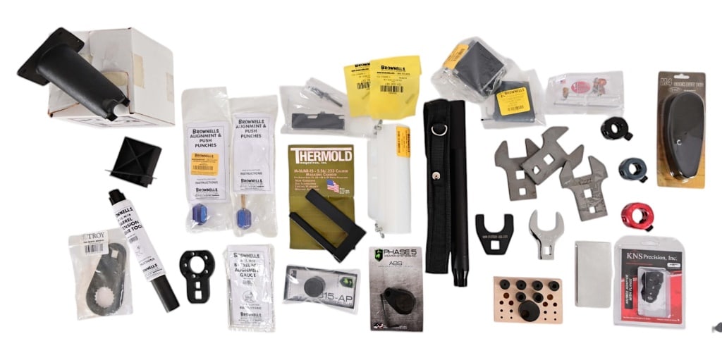Collection of AR-15 Platform Jigs & Builder Tools: All appear new. Includes: Action block, Hammer & trigger jig, Dimpling jigs, 9MM mag conversion, and many other tools, 24 pcs. total.