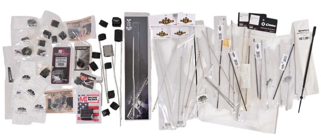 AR-15 Platform Builder Gas System Parts: 29 - Gas Tubes, including; rifle, carbine and pistol, 4 have gas block installed. 20 - Gas Blocks, varying sizes, 8 are adjustable. Piston Assembly. Gas Block Tooling kit. All appear new.