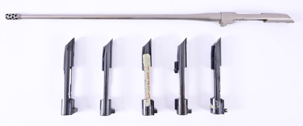 (6) Kleinguenther Model K15 Receiver Housings: Serial Numbers: 900560 barreled receiver, 7 mag, 26" (damaged barrel). Receivers only - 897089 (labeled notice to only used lighter calibers), 834218, 831957, 790483, 834167. Receivers are recognized 