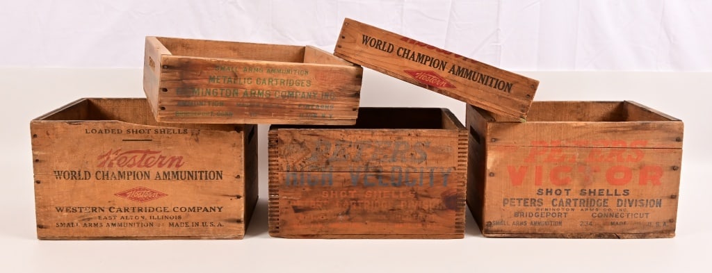 5 Vintage Ammo Crates Peters Remington: All without lids. Includes: Western "Super" 12 GA, Peters "Victor" 12 GA, Peters "High Velocity" 12 GA, Remington 10,000 .22 shorts, Western "Expert" .22.