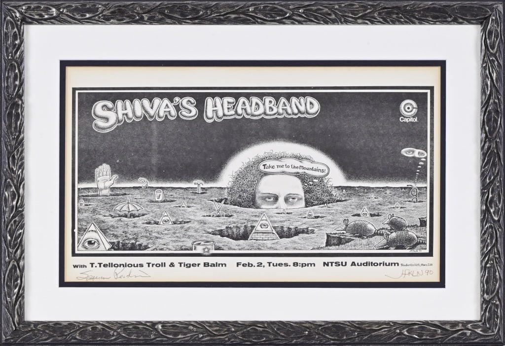 Shiva's Headband Signed Poster by Jim Franklin '70: Signed by Shiva's Headband member Spencer Perskins and poster artist Jim Franklin. Framed and matted 13" x 18.5"