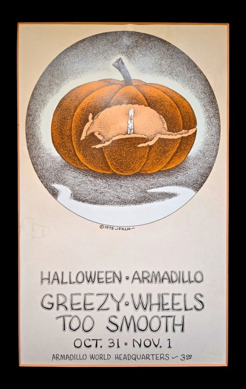 AWHQ Too Smooth, Greezy Wheels Poster by JFKLN: Featuring Greezy Wheels and Too Smooth. Halloween 1975 at the Armadillo World Headquarters, Austin Texas. Poster art by Jim Franklin.