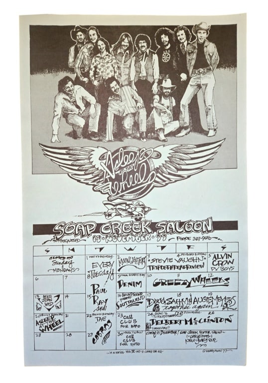 Soap Creek Saloon Asleep at The Wheel Poster: November Calendar featuring Asleep at the Wheel, Soap Creek Saloon, Austin Texas. Poster art by Kerry Awn, 1977