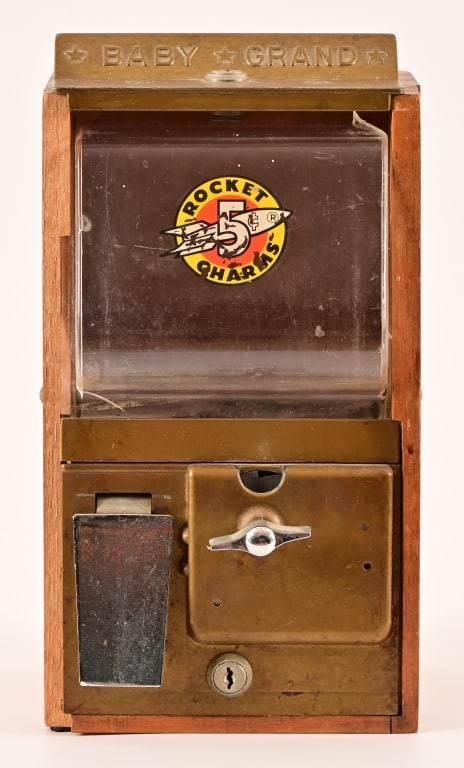Baby Grand Nickel Coin-Op Gumball Machine: Measures 7" x 7" x 13". No key.