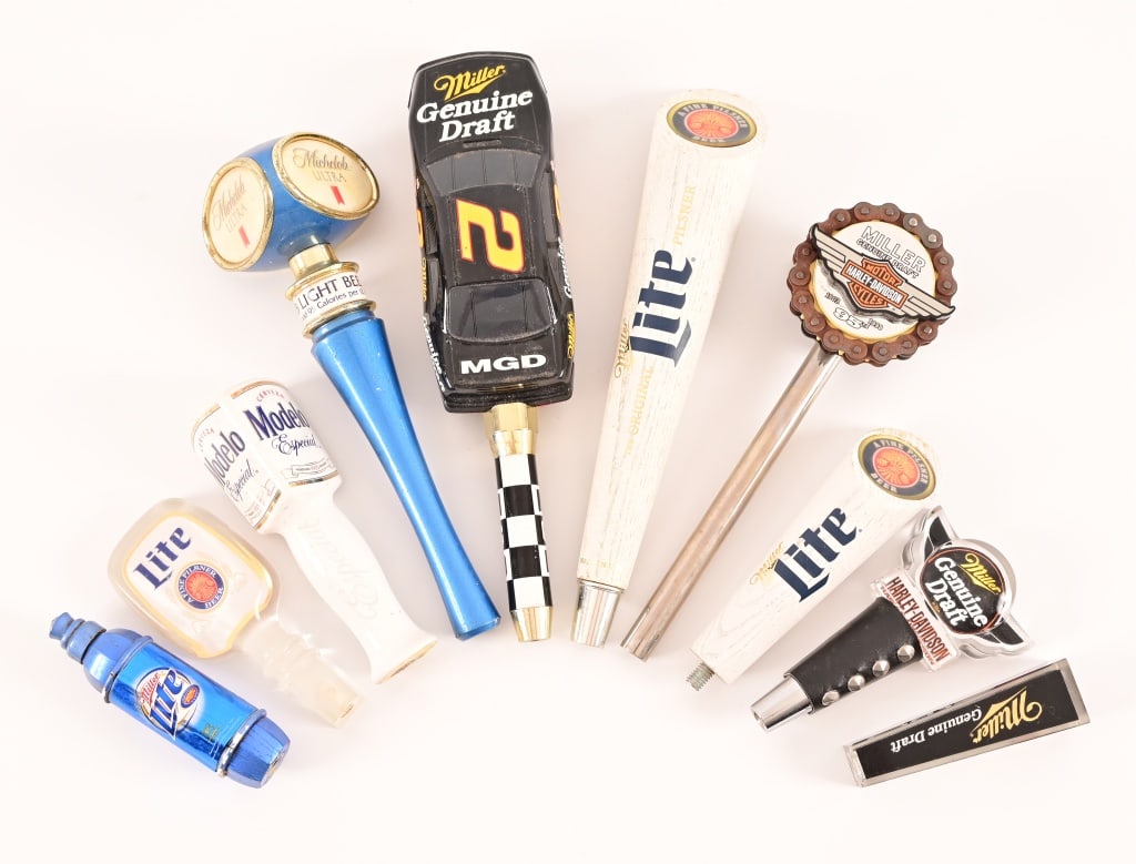 Collection of (10) Vintage Miller Beer Taps: Includes Nascar, Harley-Davidson, and MLB Miller series keg taps.