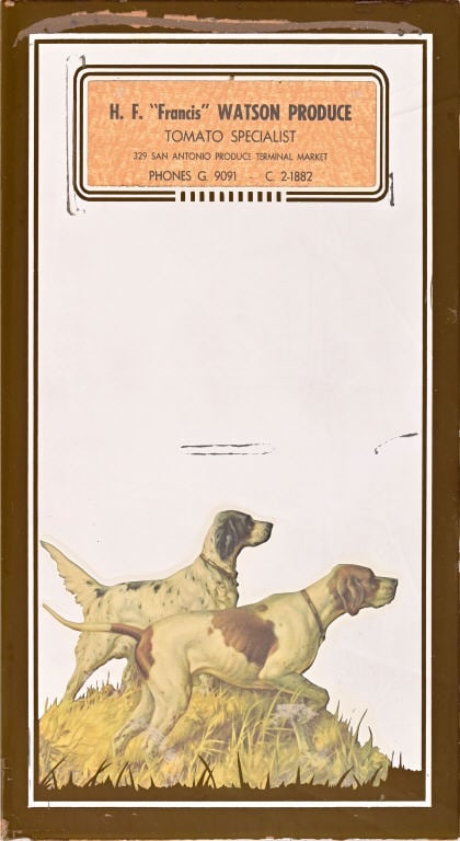 H.F. Watson Vintage San Antonio Advertising Mirror: Advertising mirror for H.F. "Francis" Watson, Tomato Specialist, San Antonio Produce Terminal. Measures12x20