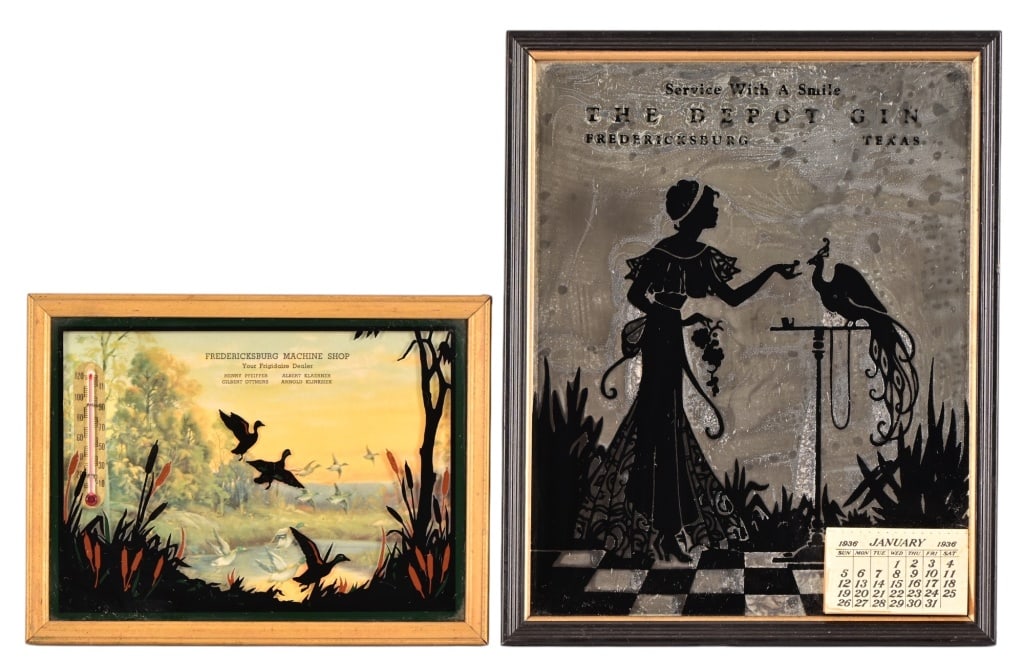 Vintage Fredericksburg Texas Advertising Signs: Advertising mirror circa 1938 (8.75" x 10.75") for The Depot Gin and thermometer sign (6x8) for the Fredericksburg Machine Shop, Fredericksburg Texas