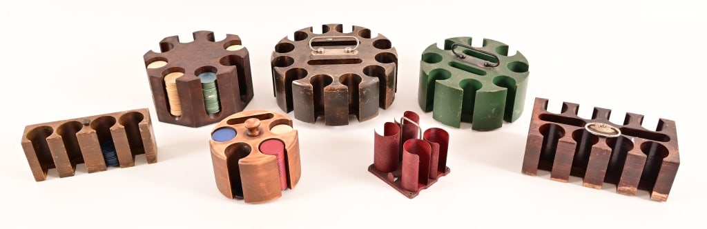 Collection of Antique Poker Chips & Carriers: Collection of Antique Poker Chips & Carriers