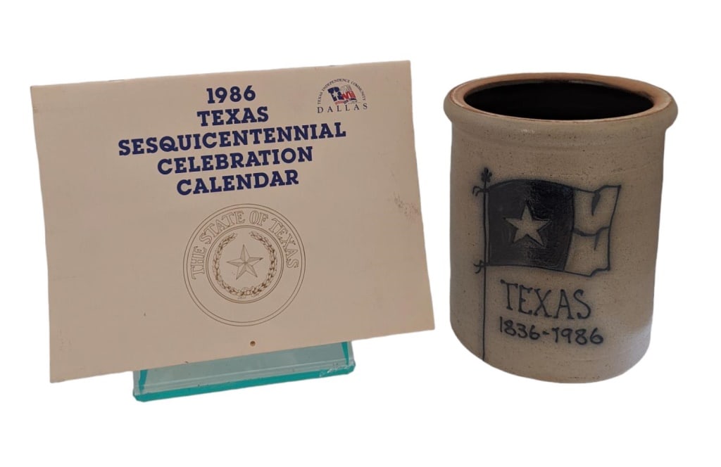 Texas Sesquicentennial Crock & Calendar: Crock measures 7.5" x 9"