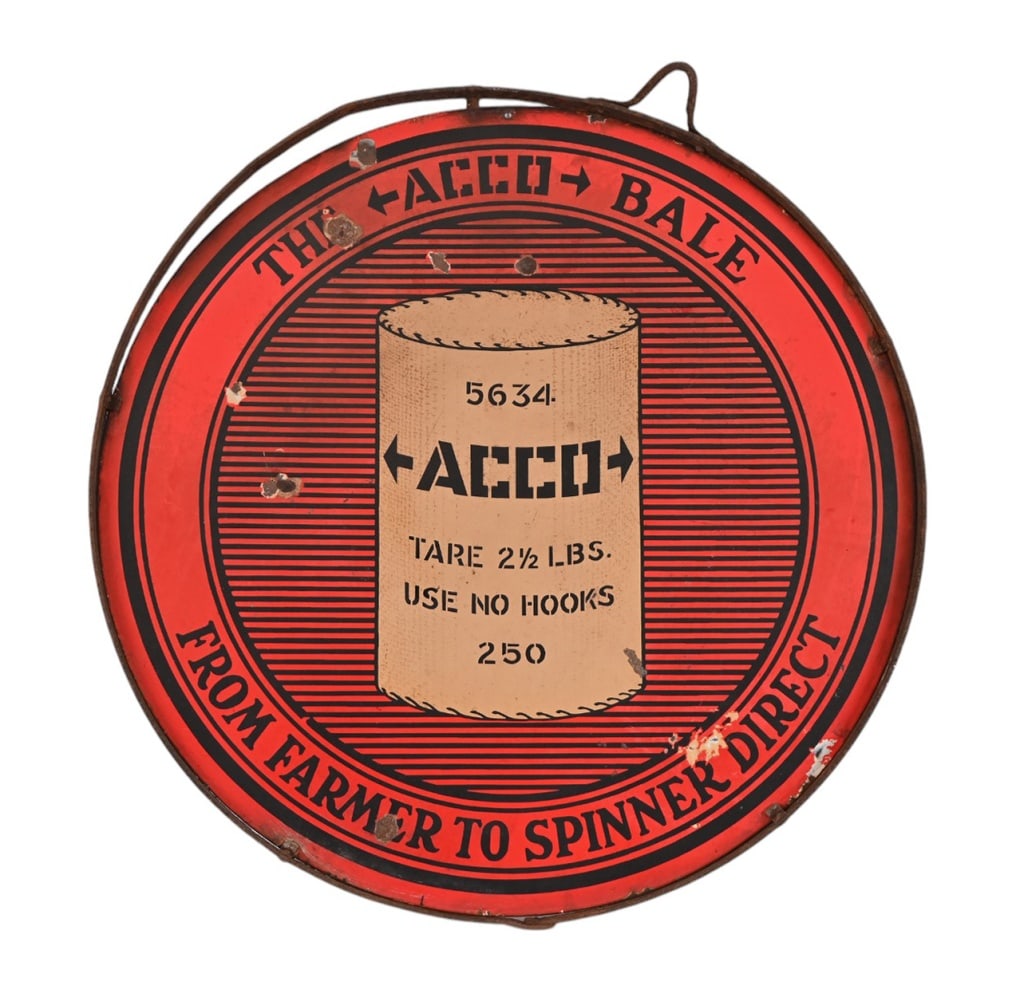 Acco Bale Porcelain Advertising Sign: Double Sided, Original frame, 30 1/4" diameter.