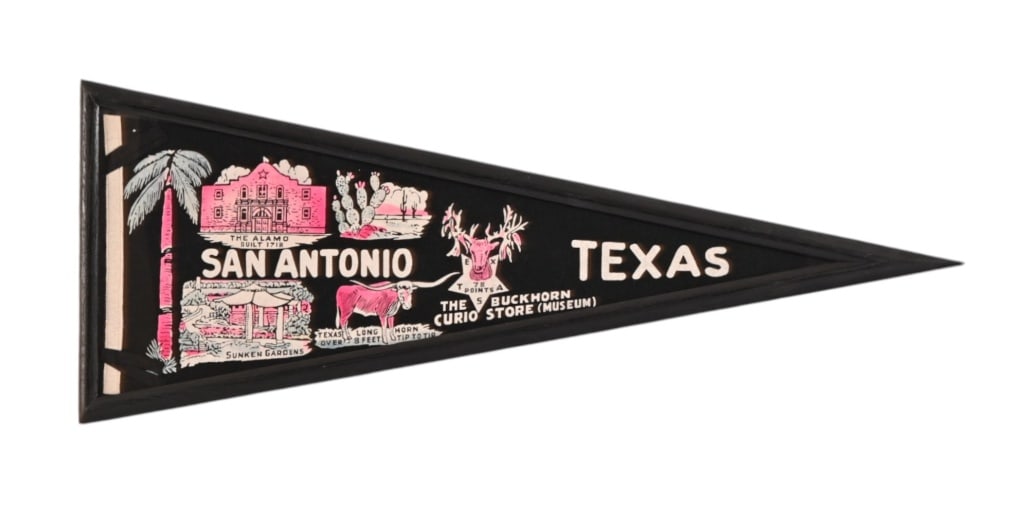Vintage San Antonio Texas Souvenir Pennant: Framed 14" x 34'