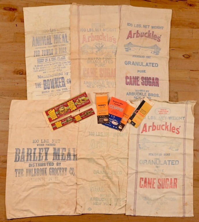 Collection of Sugar, Meal Sacks And Coffee Bags: (4) Arbuckles 100 lb. Sugar Sacks. (1) Barley Meal Sack from The Holbrook Grocery Co. (1) Animal Meal for Fowls & Pigs from The Bowker Co. (1) Hudman's, (1) Oliver's and (1) Mantooth's one pound coffe