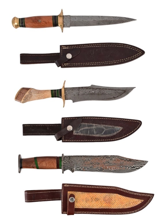 Collection of (3) Damascus Bowie Knives w/ Sheaths: Collection of (3) Damascus Bowie Knives w/ Sheaths