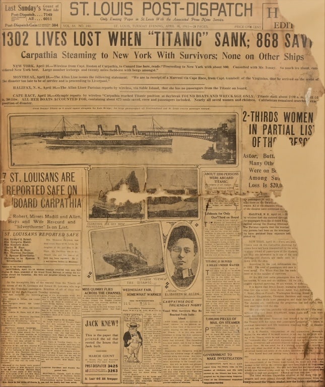 Sinking of Titanic, 1912 St. Louis Post Headline (1 of 6)