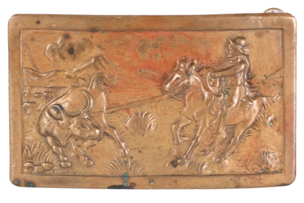 Vintage Cowboy Brass Belt Buckle: Has Cowboy roping a Steer. 3 1/4" X 2"