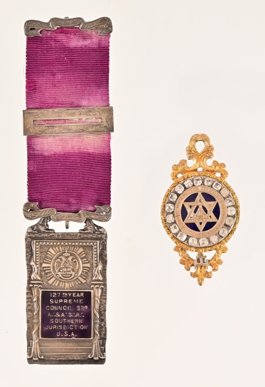 (2) Antique Freemason Membership Medals: Sterling Silver medal commemorating the 127th Supreme Council of the Southern Jurisdiction of the Ancient and Accepted Scottish Rite. Medal is 1.25" x 2.25", Total length with ribbon clip is 5.35"; Al