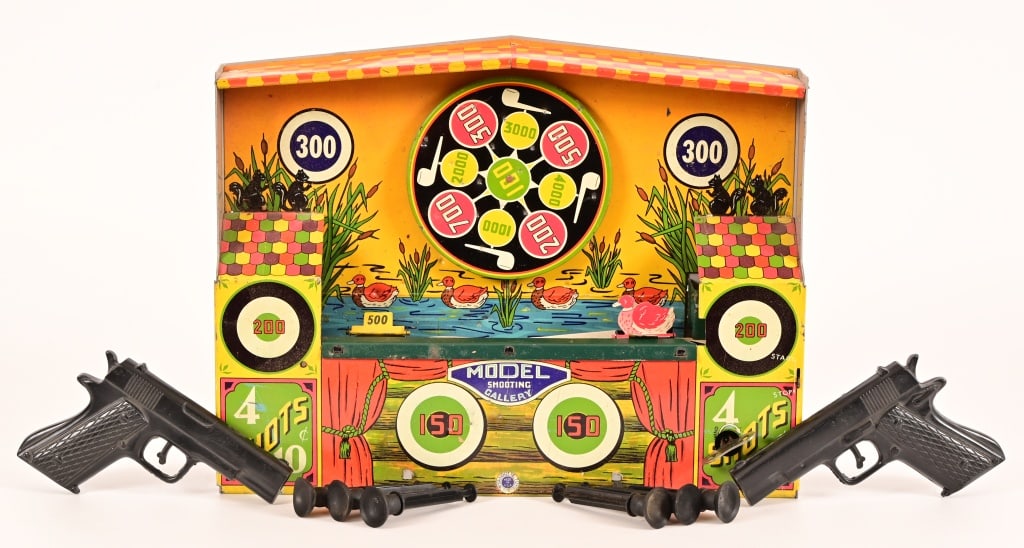 Wyandotte Tin Litho Mechanical Shooting Gallery: In Original Box - Includes Two Plastic Guns