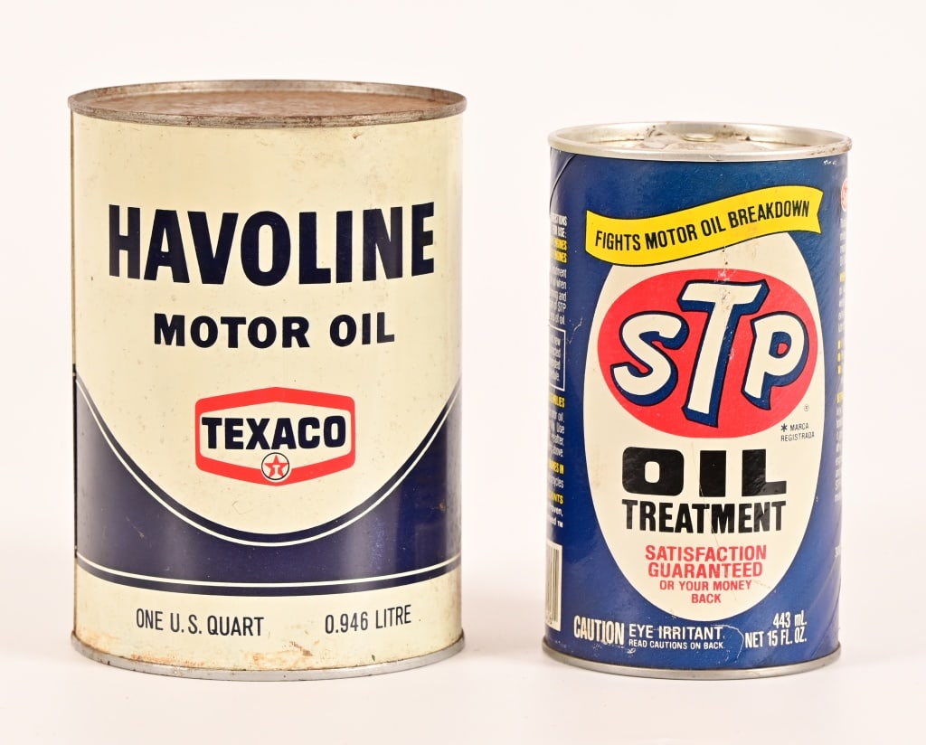 (2) Vintage STP Oil & Havoline Oil Treatment Cans: Texaco Havoline Motor Oil white label, full quart; STP Oil Treatment 15 oz can.
