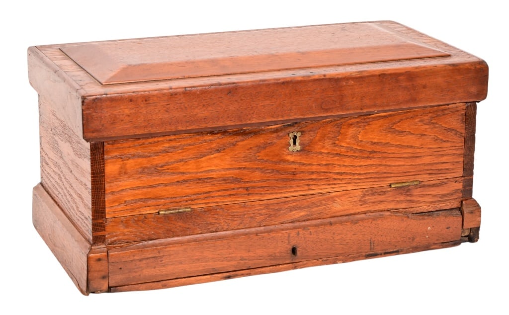 Wooden Traveling Document Box: No key. With locked secret bottom tray. 20.5" x 10.5" x 10"
