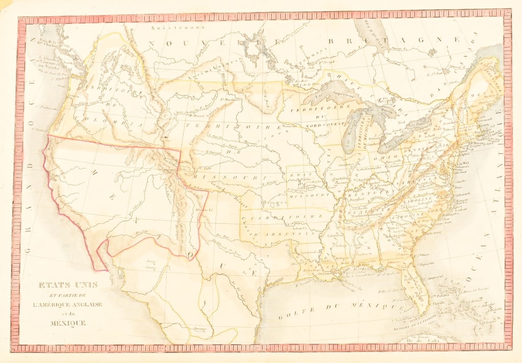 1834 French Map of the United States: Etats Unis, Et Partie De L'Amerique Anglaise et du Mexico". 11.5" x 16