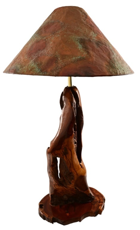 Handmade Burl Wood Lamp, Copper Shade: Approximately 38" Tall with Shade on.