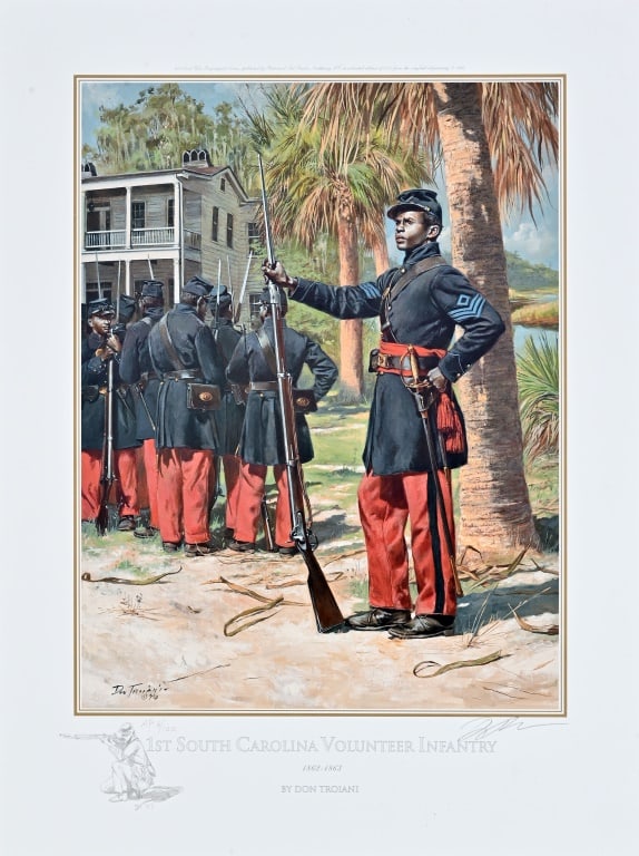 Don Troiani 1st South Carolina Volunteer Infantry: "1st South Carolina Volunteer Infantry 1862 - 1863". Artist Proof numbered 6/100. Signed with personalized sketch at bottom. Dated 1996 and published 1997. Comes with Certificate of Authenticity. Prin