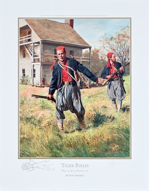 Don Troiani Civil War Print "Tiger Rifles": Artist Proof numbered 6/100. Wheat's 1st Special Battalion 1861. Signed with personalized sketch at bottom and dated 2000. Comes with Certificate of Authenticity. Print measures 15 1/2" x 20".