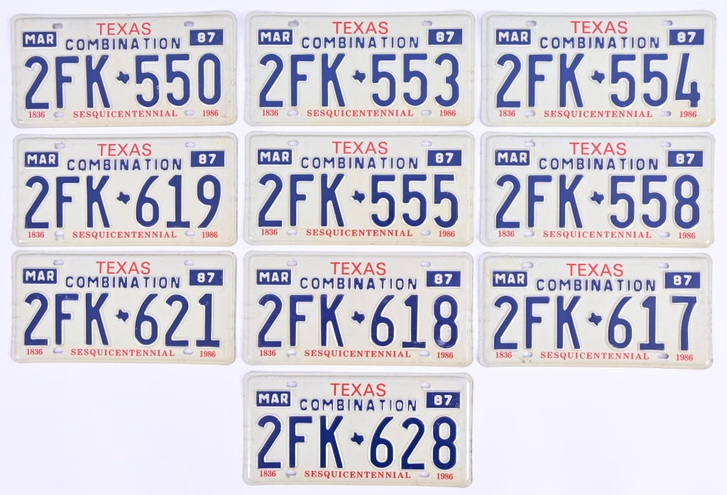 Texas 1986 Sesquicentennial NOS License Plates: TEN Texas Sesquicentennial License plates in total, all beginning with prefix "2FK"- (550, 553, 554, 555, 558, 617, 618, 619, 621 & 628).